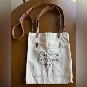 Canvas Tote Bag with Brown Straps and Front Pocket